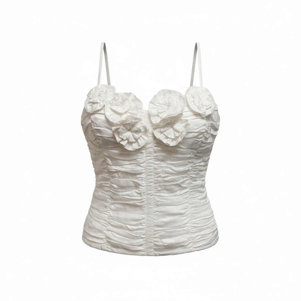 Zara Oyster White Ruched Rosette Corset Top Hook Eye Camisole Womens XS